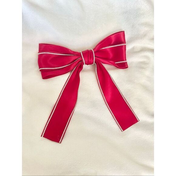 No Brand Accessories - Christmas holiday red satin bow with rhinestone trim - with Barrett clip close -